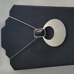 WHBM necklace 16" statement open silvery disc onyx type rectangle